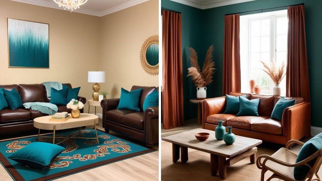 Brown and teal sofa color combination for modern home interiors