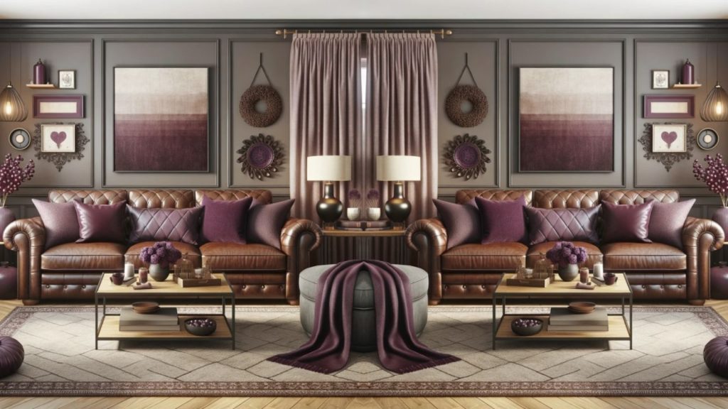 Dark brown and plum sofa color combination for modern home interiors"