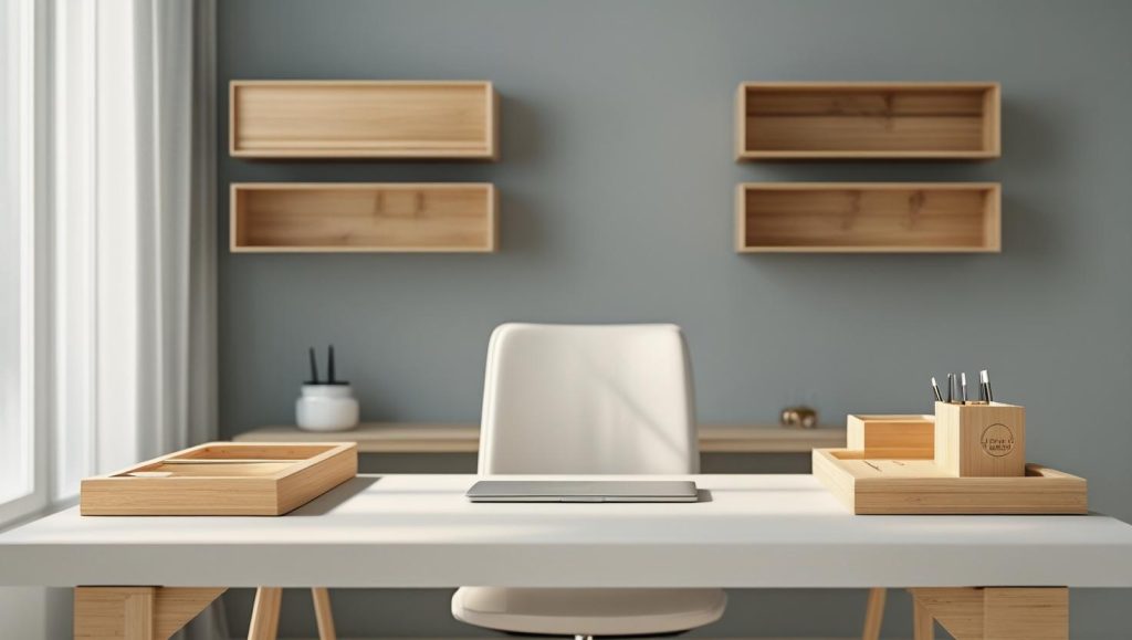 Minimalist Home Office with Wooden Shelves and Modern Desk Setup