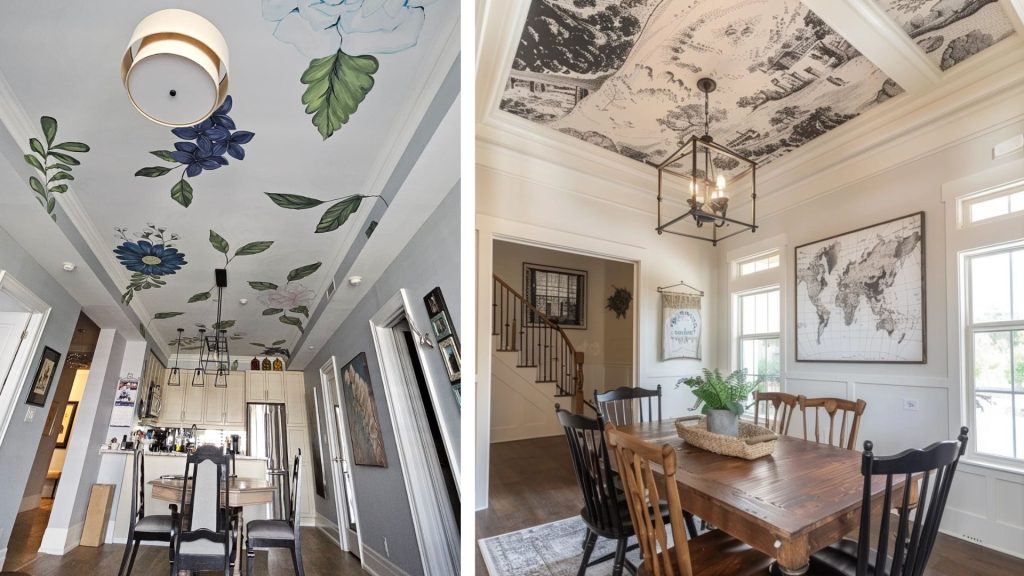 Painted modular kitchen false ceiling design with stylish accent borders