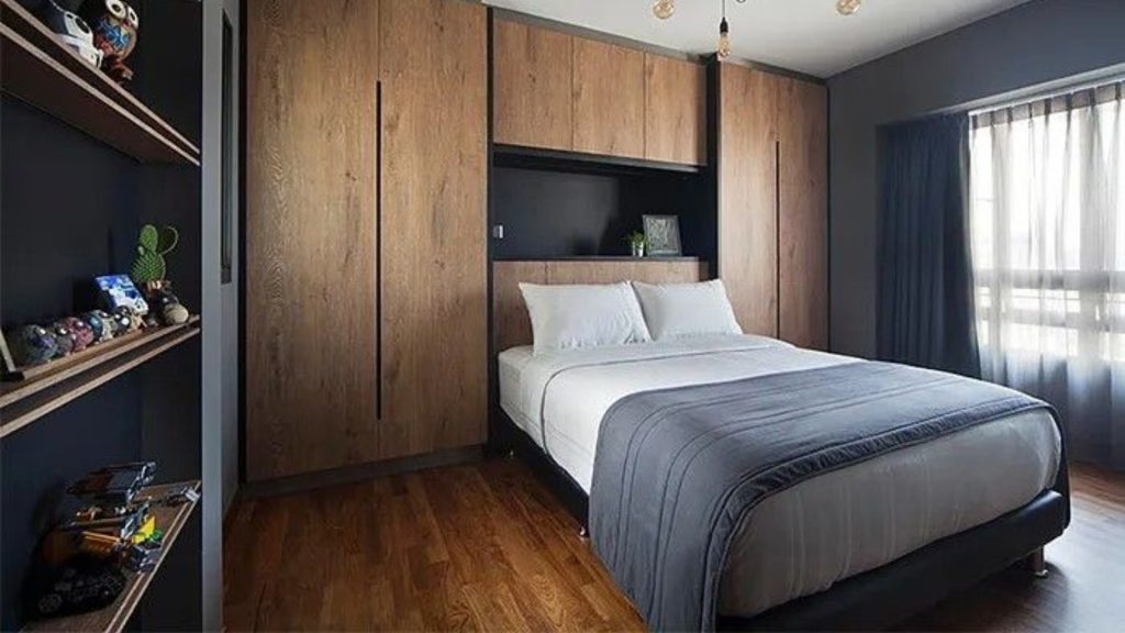 Rustic Luxe Bedroom with Wooden Wardrobes and Cozy Bed Setup