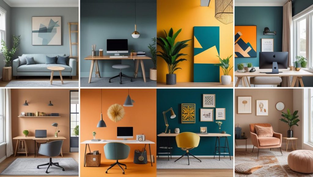 Modern Home Office with Colorful Walls and Open Shelves