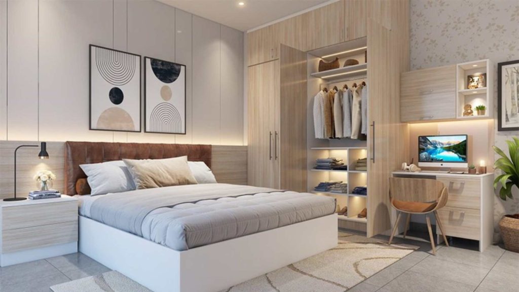 Wardrobe Design with Study Table for Bedroom Interior