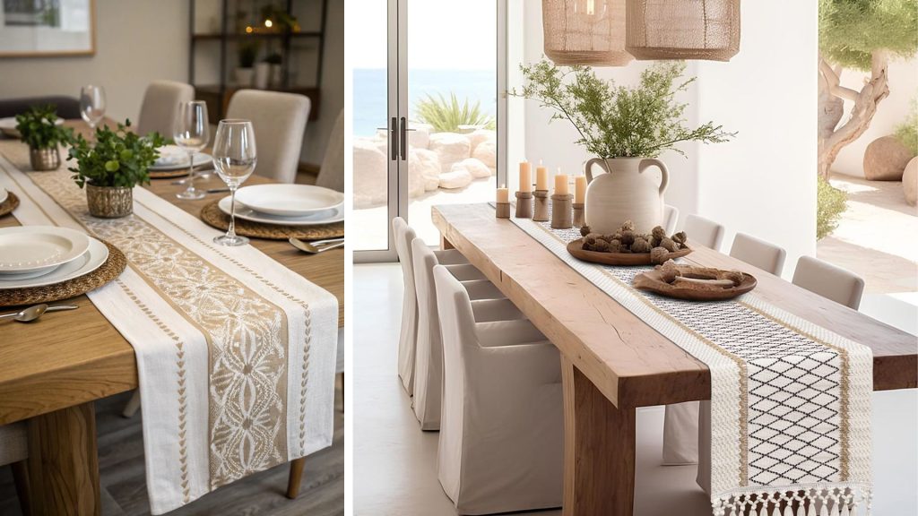 Elegant dining table decor with table runners, plants, and candles