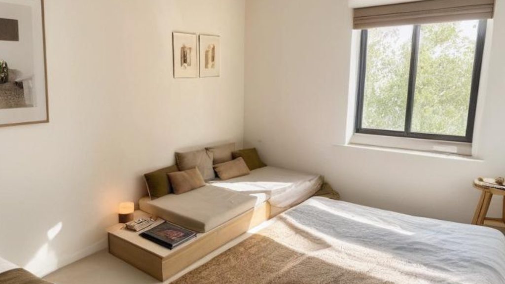 Zen style living room with floor cushions and lamps