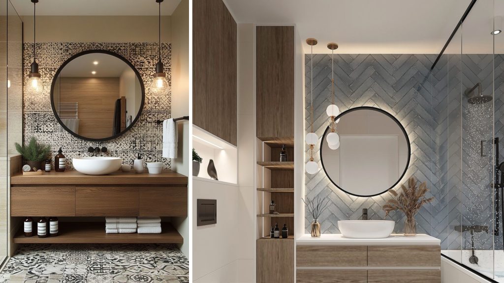 Round Bathroom Mirrors with Bold Contrasting Backgrounds