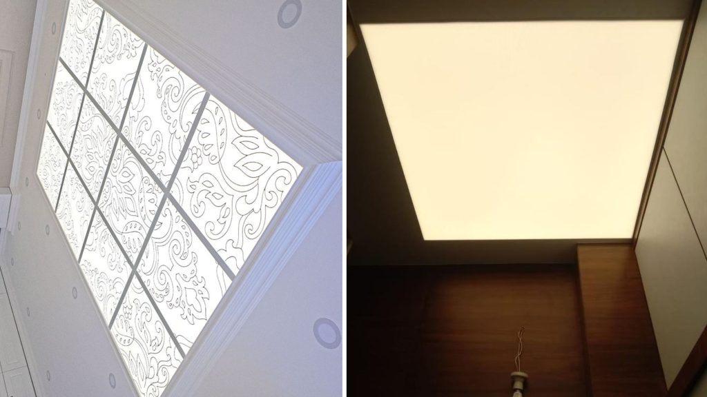 Backlit false ceiling design in living room with glowing lights