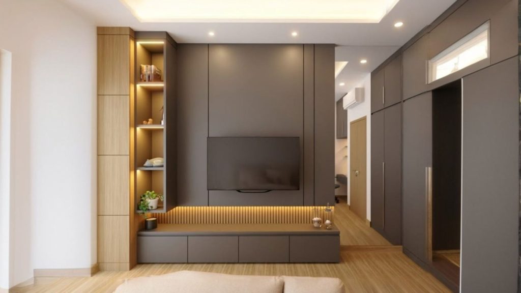 Built-in storage around TV in small living room design