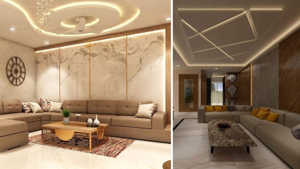 Curved and organic false ceiling design for modern living room