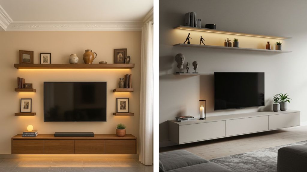 Floating shelves for small living room with TV and sofa set