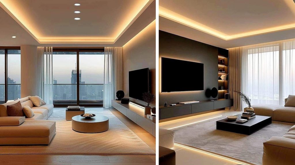 LED strip lighting in modern living room false ceiling
