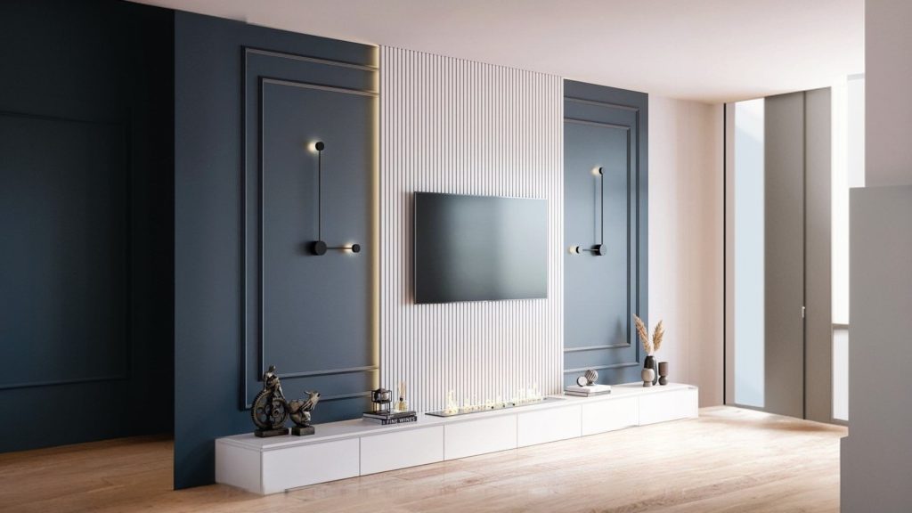 Light-colored finishes for space-saving small living room with TV and sofa set