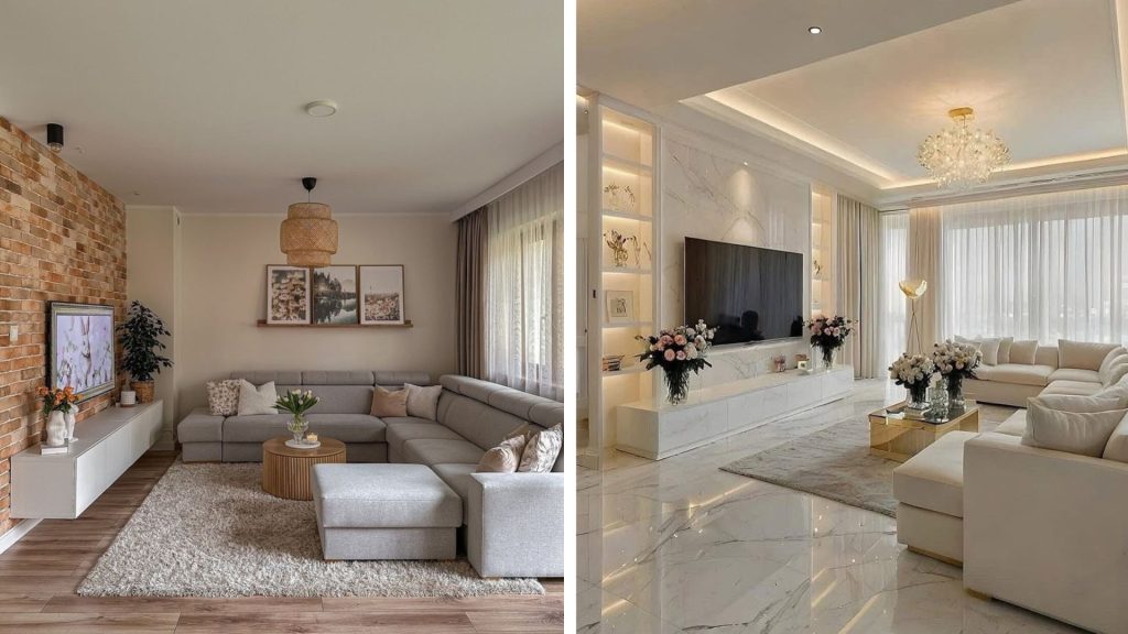 Modern 2BHK living room interior design with stylish furniture and décor
