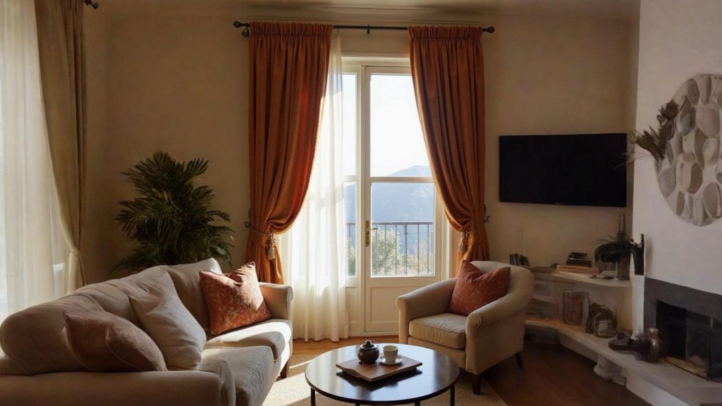 Zen style home interior with cane furniture, cotton curtains, and terracotta accents