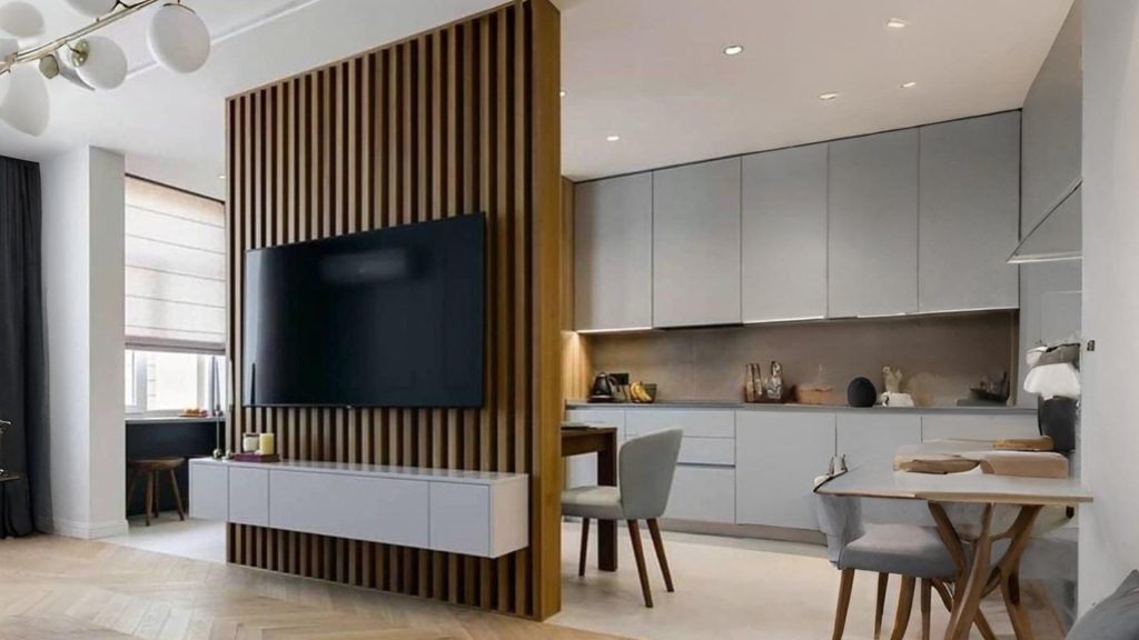 Space-saving living room design with multipurpose partition