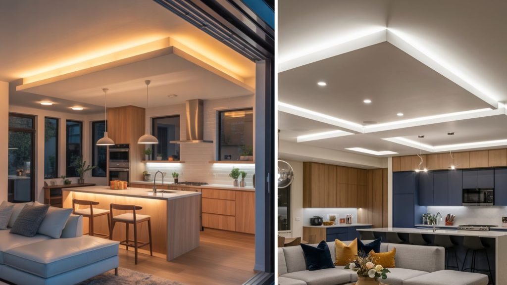 Open plan living room with modern false ceiling design for space zoning