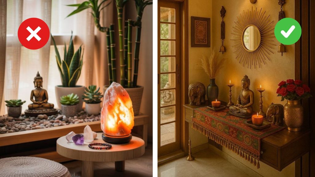 Cluttered Zen-style home interior with excessive decor