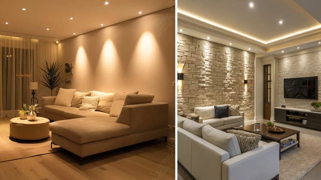 Recessed downlights in modern false ceiling living room design