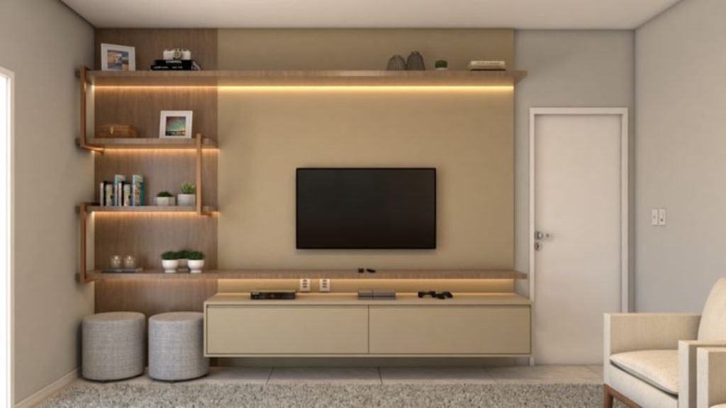 Slim and minimalistic small living room design with TV and sofa set