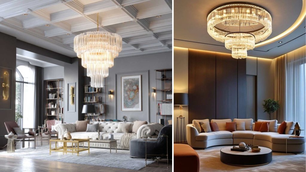 Living room false ceiling with statement chandelier integration