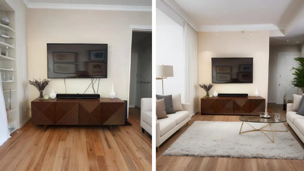 Space-saving TV panel with hidden cable management in small living room