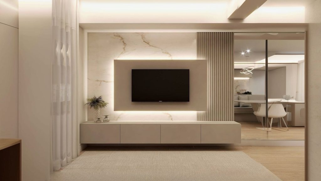 Wall-mounted TV panel for space-saving small living room design