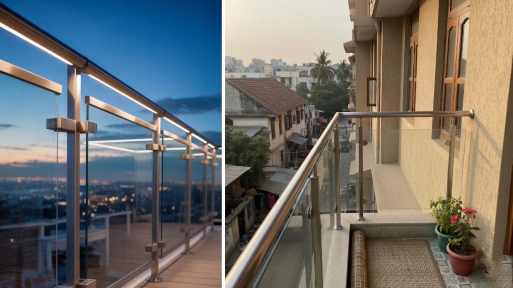 Modern balcony design with stainless steel glass railing