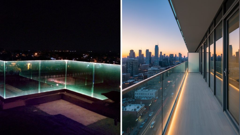 Modern balcony design with LED glass railing
