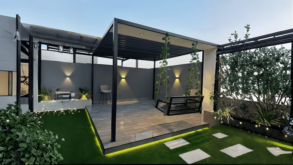 Modern terrace with pergola and hanging plants