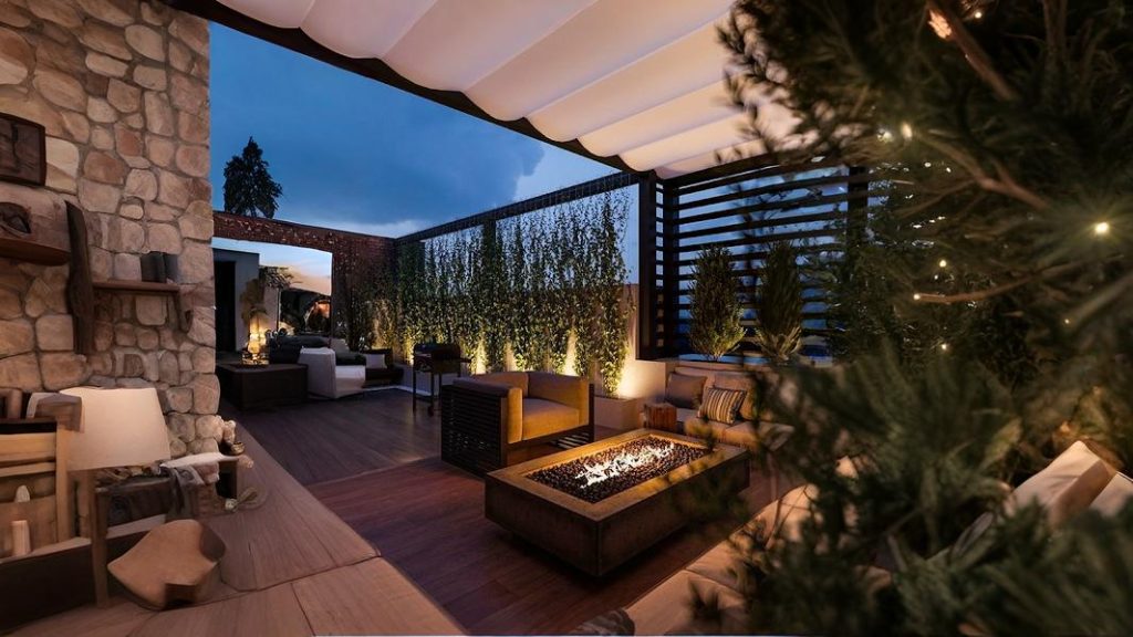Rooftop terrace with smart lighting and modular furniture