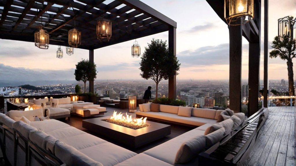Stylish rooftop lounge setup design