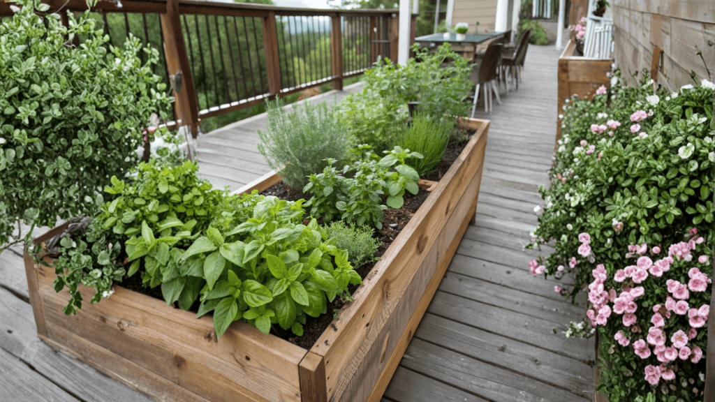 Modern rooftop kitchen garden with fresh herbs