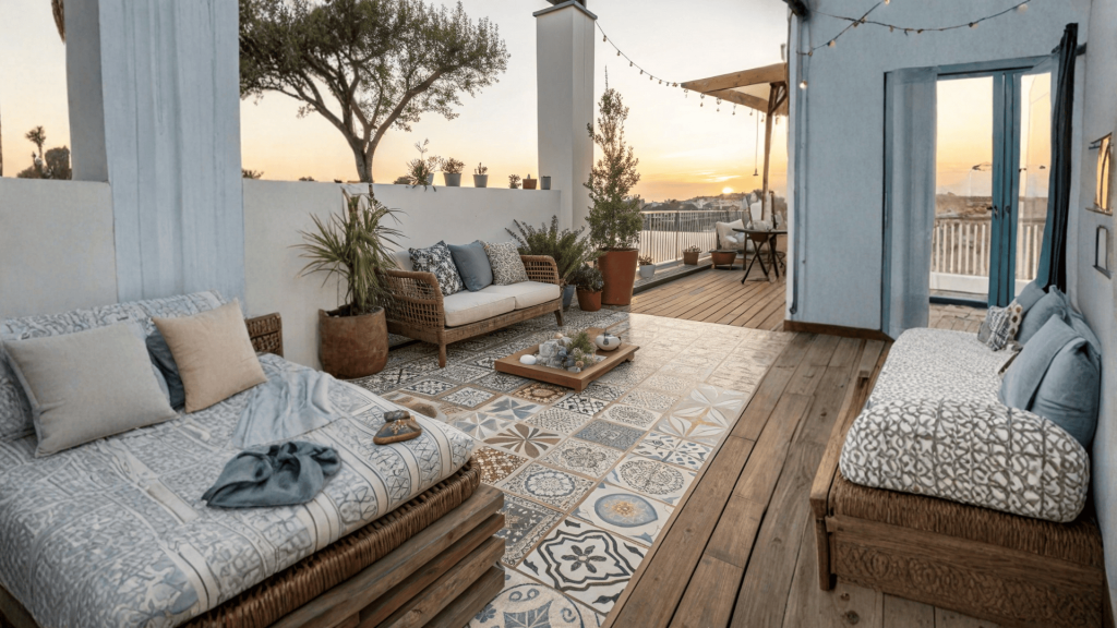Rustic rooftop terrace with wooden seating