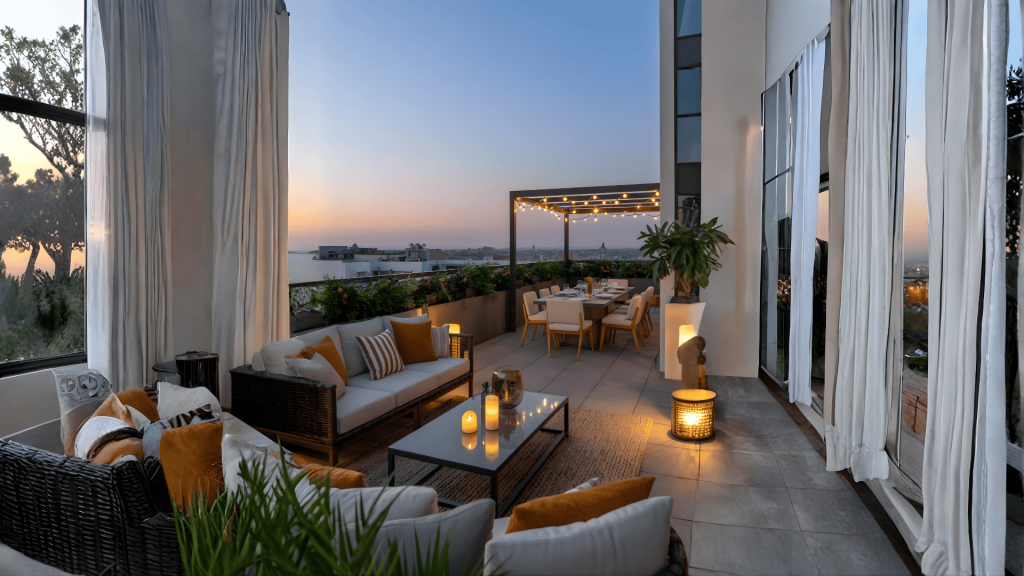 Rooftop terrace cafe design with natural decor