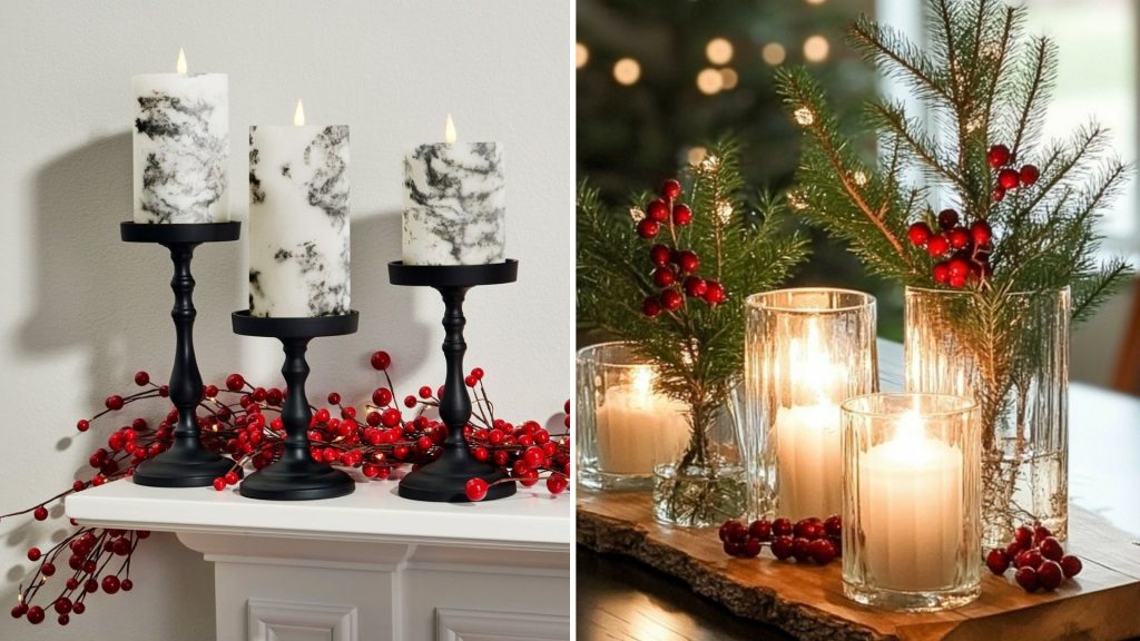 Elegant pillar candles on decorative tray