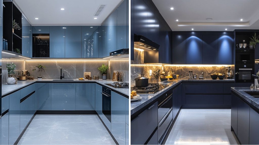 Blue modular kitchen design with modern cabinets