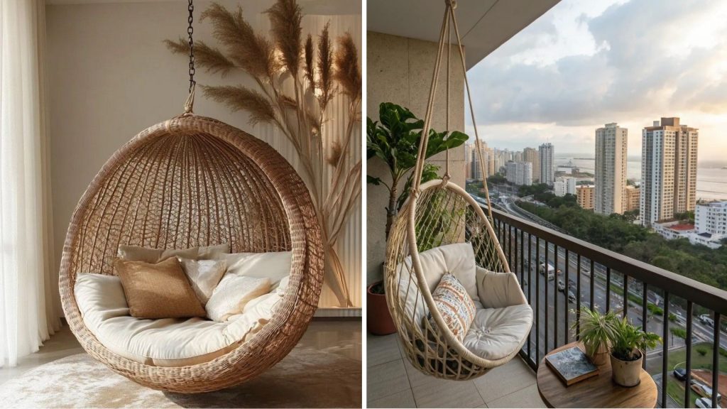 Bohemian-style balcony swing with cozy cushions and rattan frame