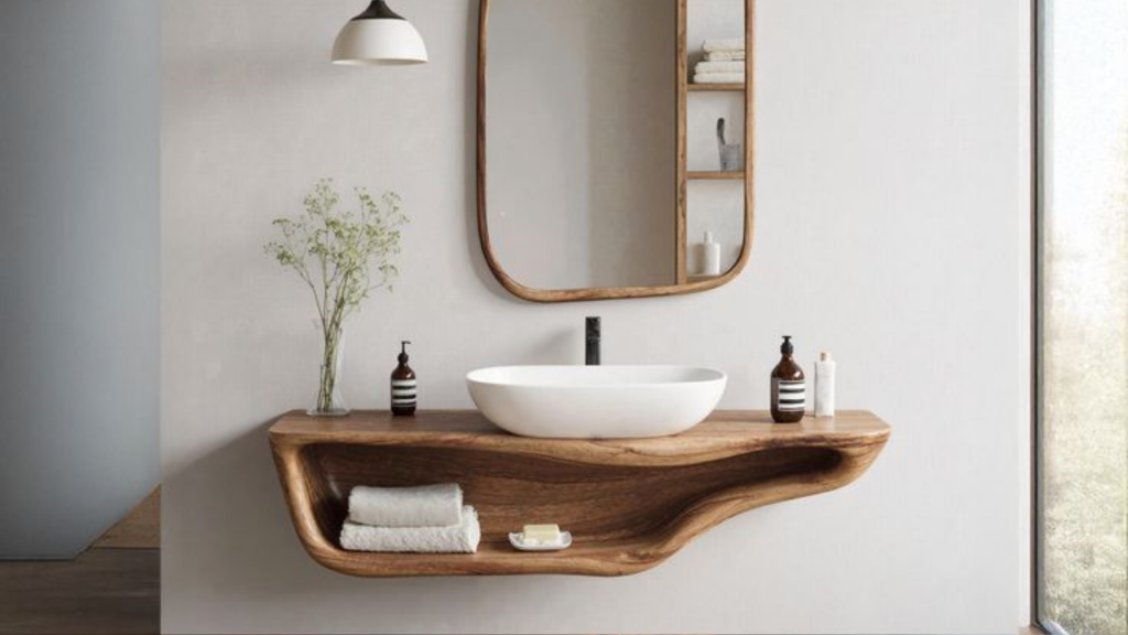 Wooden Vanity and Floating Shelves use in Luxury Bathroom