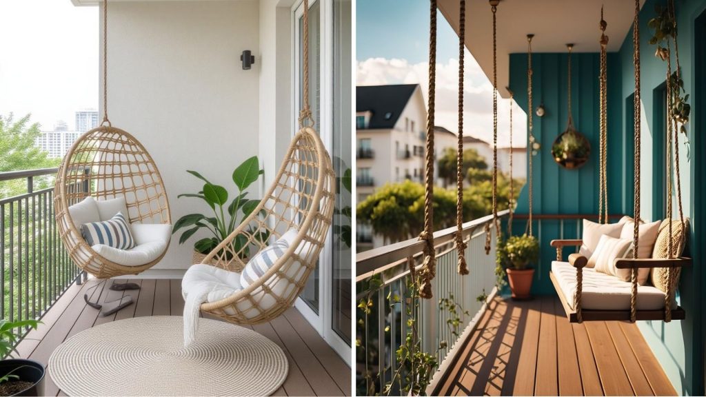 Outdoor balcony swing with comfortable seat cushions