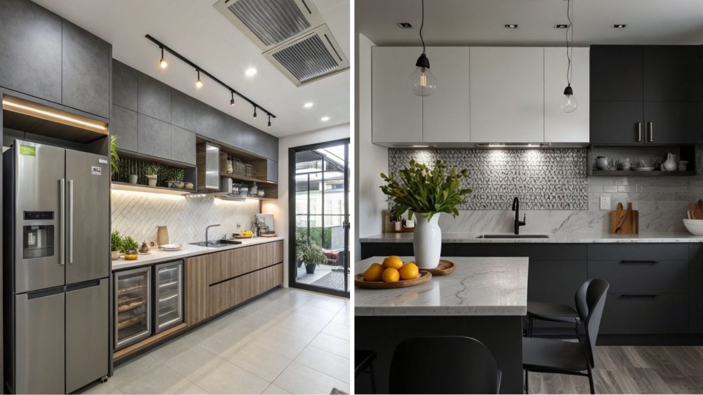 Modern modular kitchen in elegant grey and black colour combination