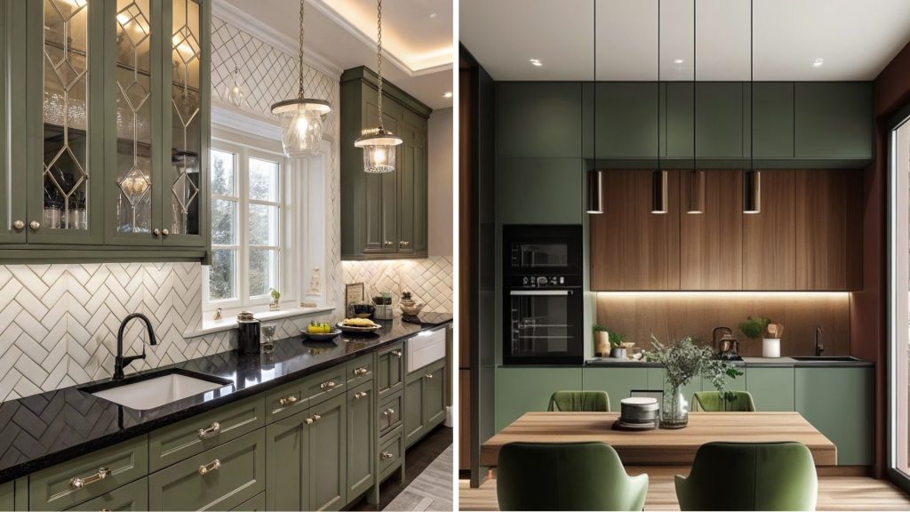 Olive green modular kitchen with modern cabinets and warm lighting