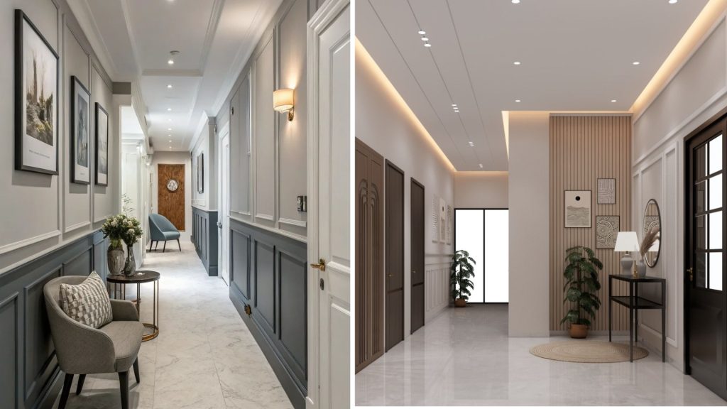 Stylish corridor with bright wall colours and modern décor