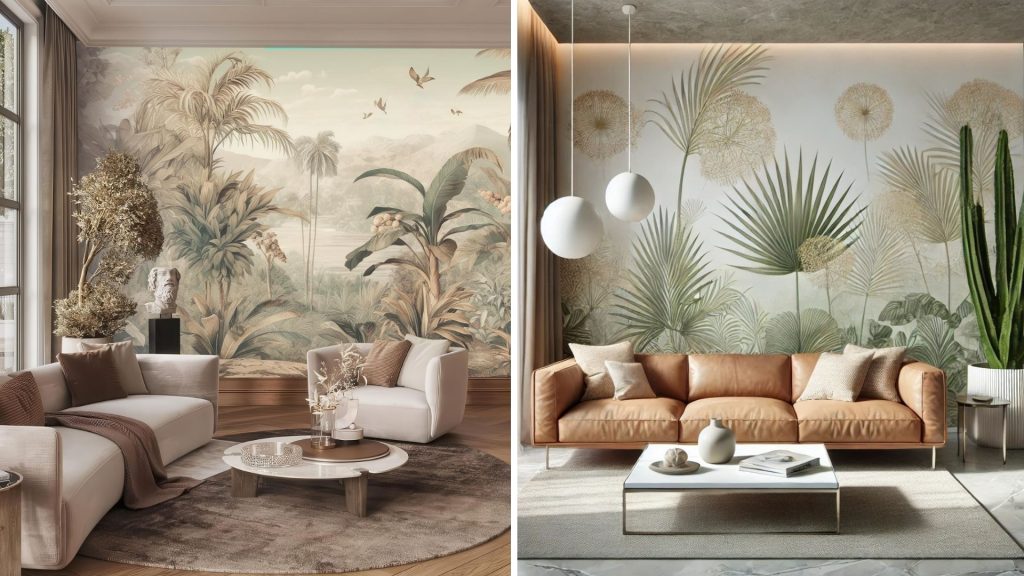 Tropical biophilic wall panelling design for living room