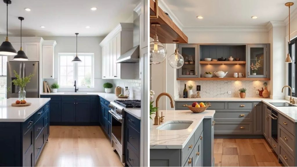 Two-tone modular kitchen designs with dark and light cabinet tones”