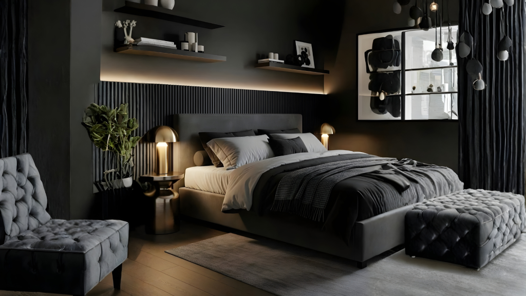 Black and Grey Bachelor Bedroom Design