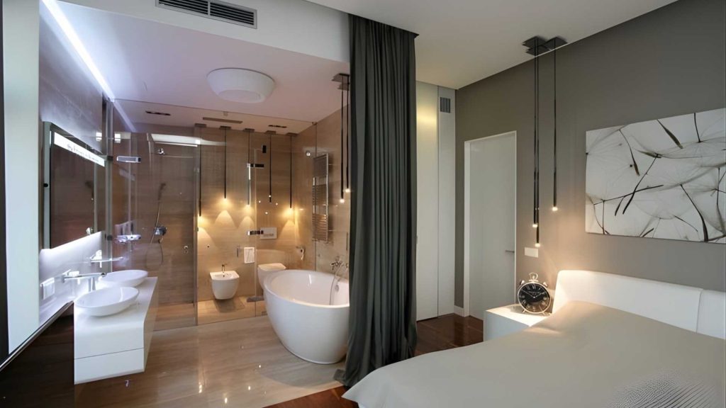 Bedroom and Bathroom Partitioned with Transparent Glass