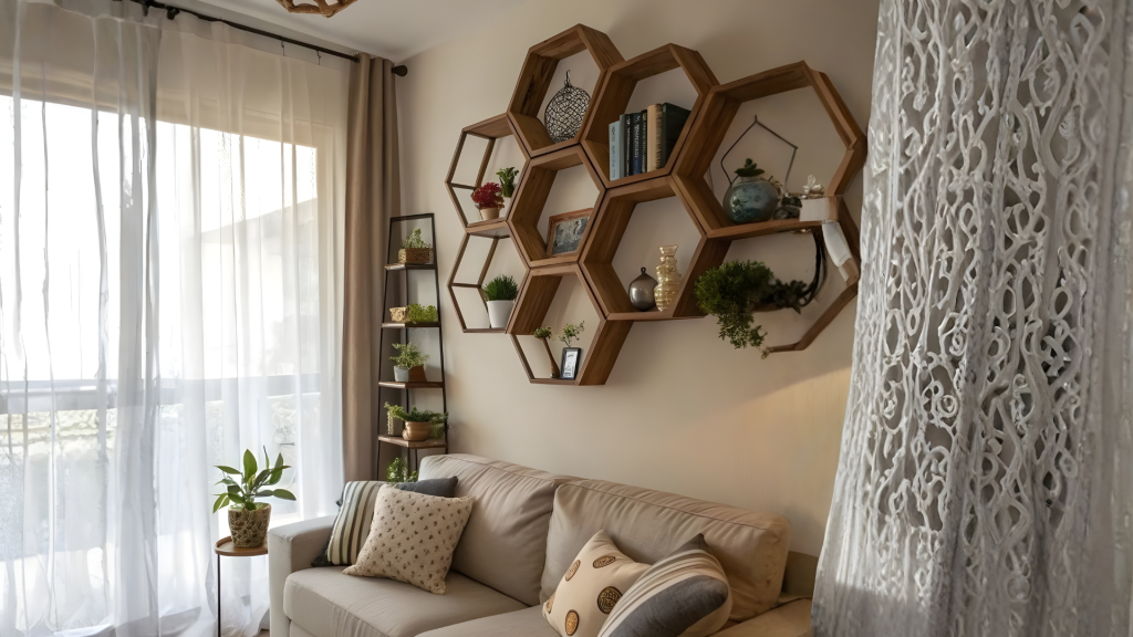 Geometric Shelves in Living Room