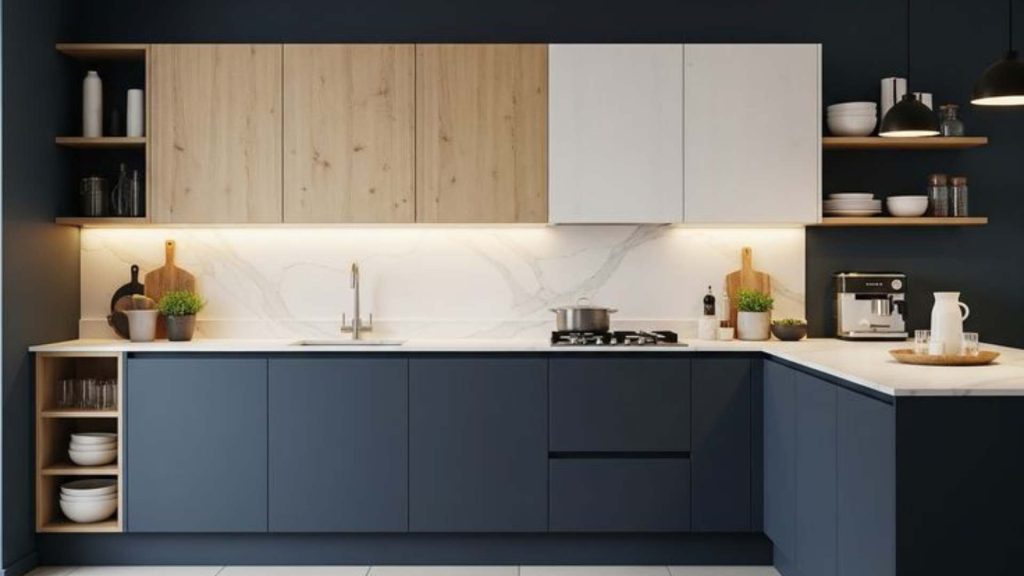 Navy and Oak Combination for Modular Kitchen