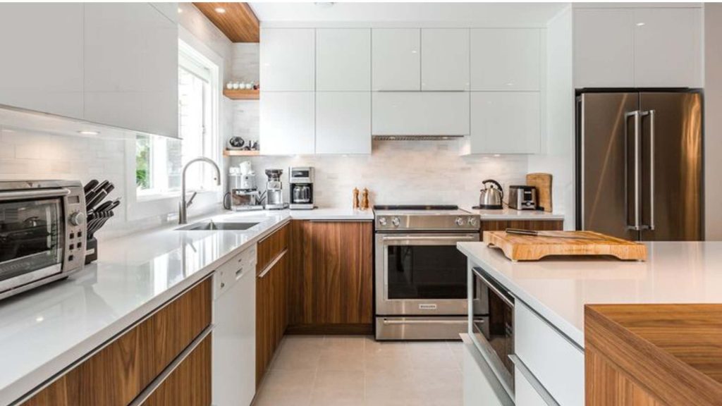 Glossy White Kitchen with Wood Accents