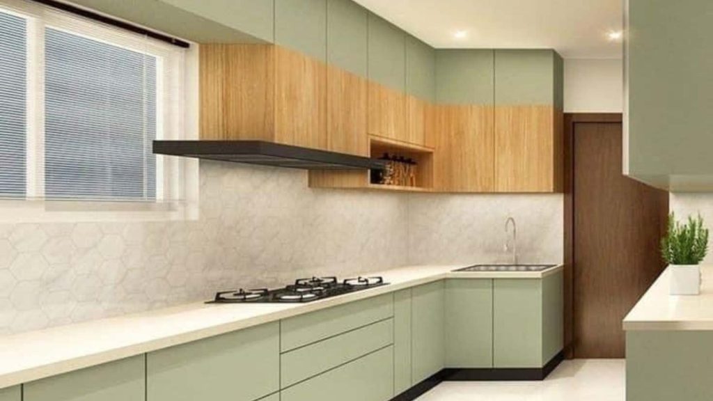 Pastel Green L-Shaped Small Modular Kitchen